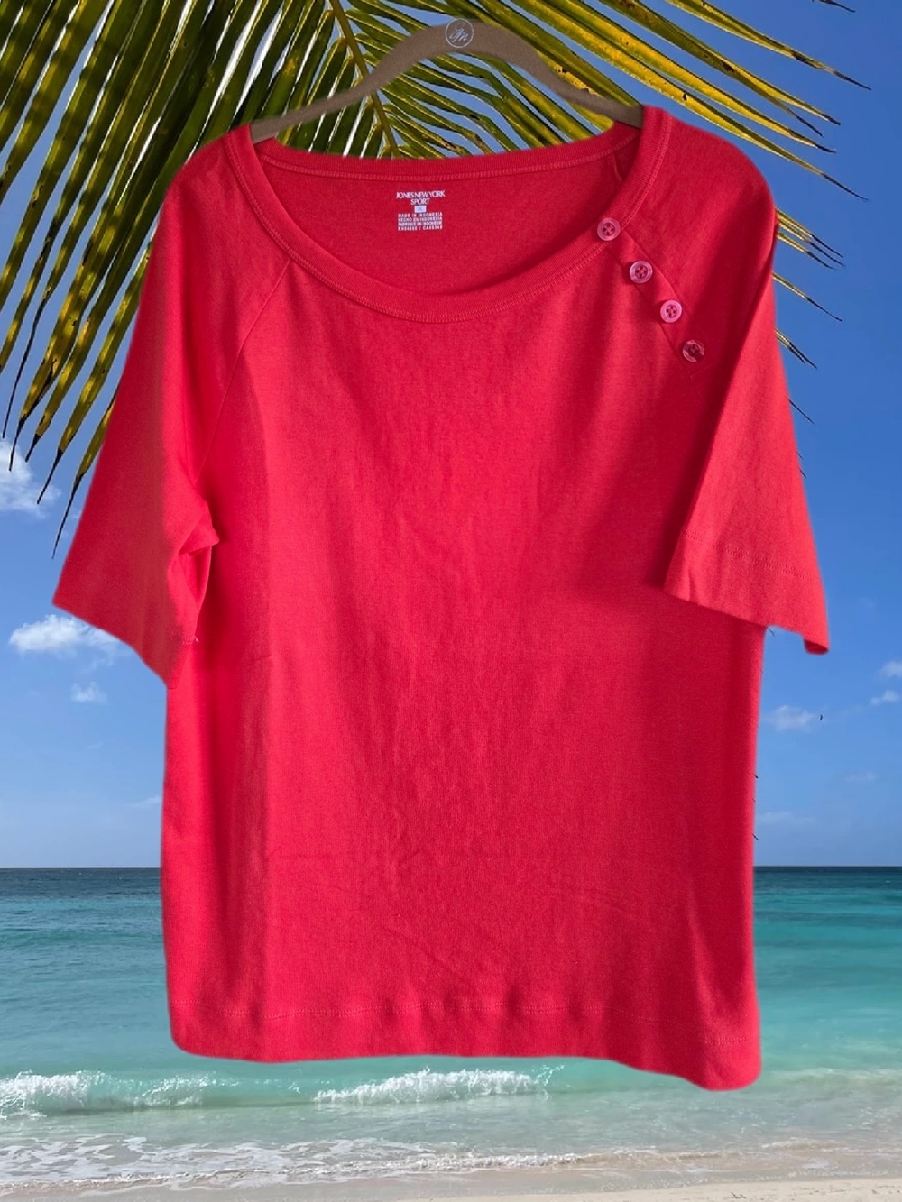 JONES NEW YORK SPORT  🍅Bright 🍅Tomato Red🍅 Crew Neck Accent Buttons Tee NEW!